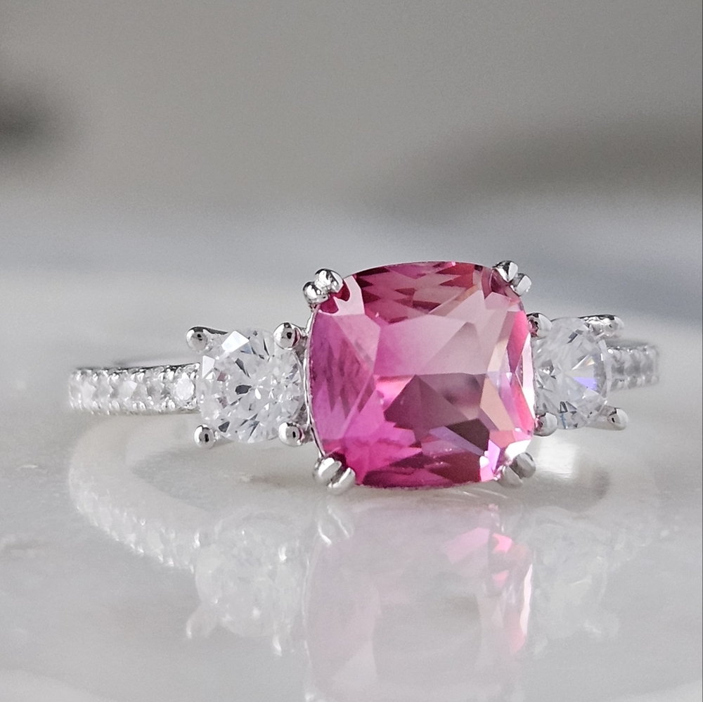 Pink Topaz Cushion Square Gemstone Ring, 925 Sterling Silver Charmed Aroma